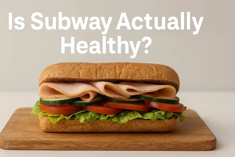 A fresh Subway sandwich filled with vegetables on whole grain bread, representing a healthy-looking fast-food meal. is subway actually healthy?