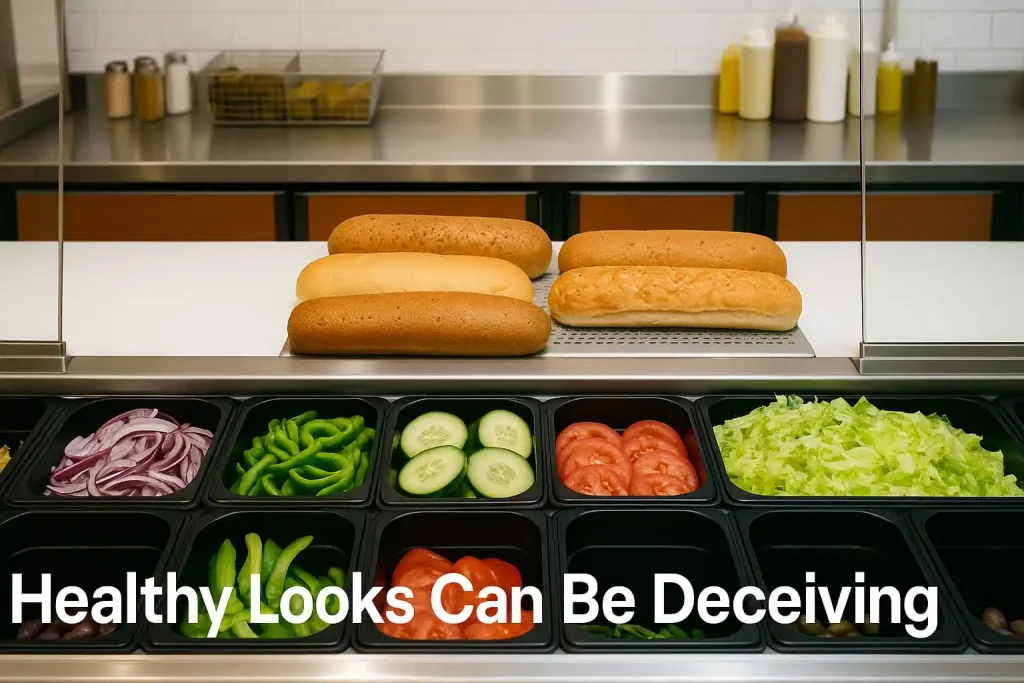 Subway sandwich counter with colorful vegetables and toppings that give the impression of a healthy meal. Is subway actually healthy?