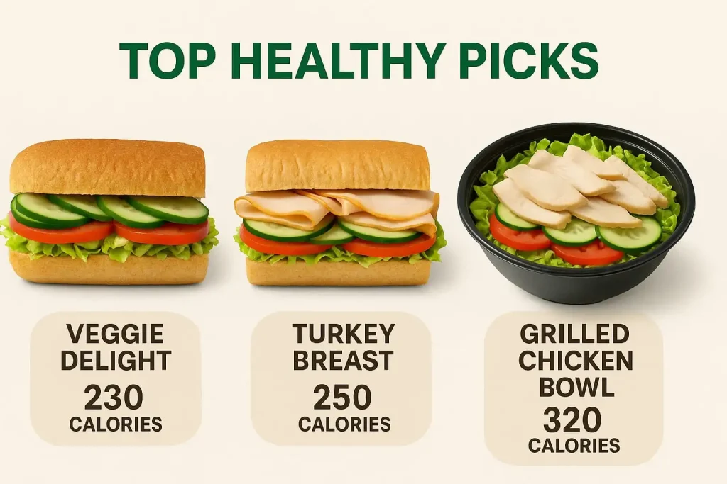 Healthy Subway choices including Veggie Delight, Turkey Breast sandwich, and Grilled Chicken Bowl with calorie counts.