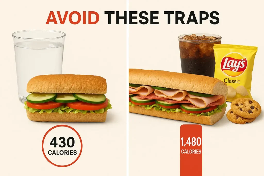 Unhealthy Subway meal components like footlong sandwiches, chips, cookies, and sugary drinks.